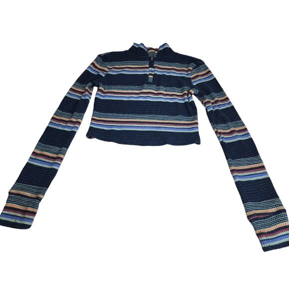 SO Brand Zip Up Collared Neck Long Sleeve Blue Striped Crop Top Women's Size XS - Picture 1 of 8